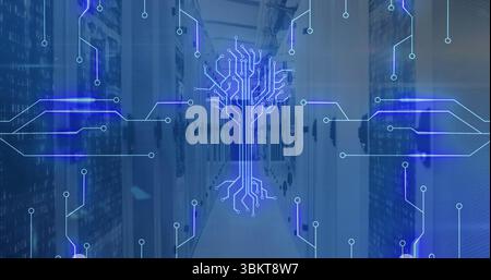 Displaying translucent blue circuit tree overlay inside data center aisle, with server racks Stock Photo