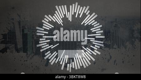 Displaying white radial bar graphic overlaying urban skyline with skyscrapers and splatter textures Stock Photo