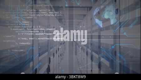 Showing central data center corridor blending server racks with code overlay and holographic globe Stock Photo