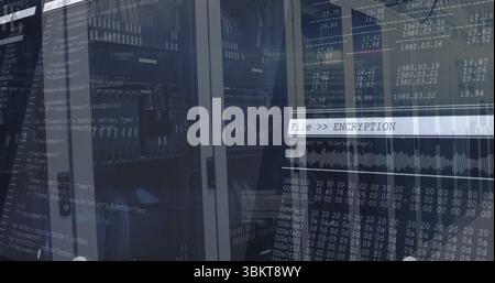 Displaying data center racks revealing rack hardware and network cables, with encryption overlay Stock Photo