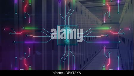 Extending data center corridor displaying neon circuit lines, with raised floor tiles and tree icon Stock Photo