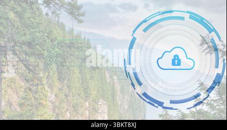Displaying overlay featuring cloud lock icon and circuit lines over mountain forest, copy space Stock Photo