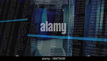 Displaying central server rack aisle streaming code overlays in data center, with cable trays Stock Photo