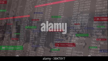 Overlaying codes over blurred skyline, showing ERRORs, green Message Sent boxes, red Playing boxes Stock Photo