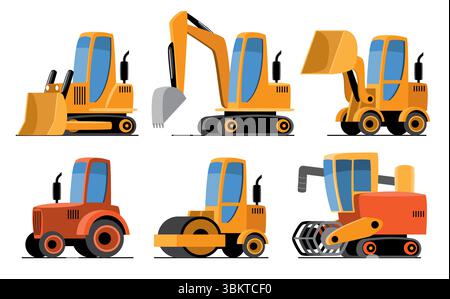 Industrial or Construction Vehicles set cartoon illustration included Wheel Loader, Excavator, Backhoe, Bulldozer, Road Roller, Skid Steer Loader . Fl Stock Vector