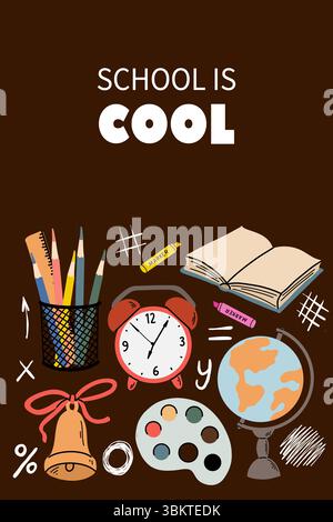 Vertical poster with hand drawn school supplies  Stock Vector