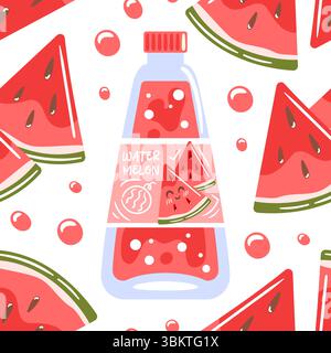 Seamless pattern featuring watermelon soda in a glass bottle, complemented by juicy watermelon pieces, creating a fun and refreshing design ideal for Stock Vector