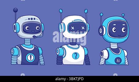Futuristic Robot, virtual Assistant AI set. Vector color hand drawing. Isolated Avatar character for tech support, security, chatbot projects, design. Stock Vector