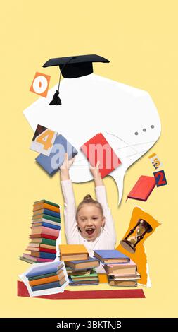Colorful vertical poster of smiling girl lifts books with graduation cap and school items around Stock Photo