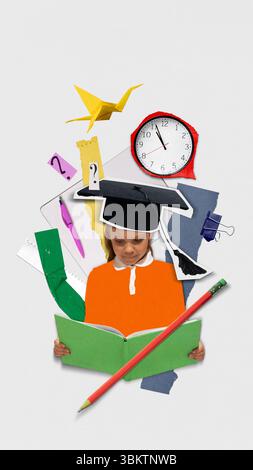 Bright editorial poster of girl in graduation cap reading among school supplies Stock Photo