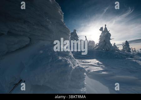 Ice-covered juhyo snow monster trees of Mt. Zao, Yamagata, Japan. Stock Photo