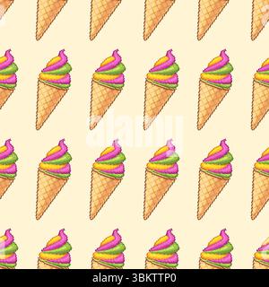 Seamless pixel art pattern of colorful swirl ice cream cones on a soft beige background. Cute and playful dessert design in vector style for summer Stock Vector