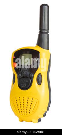 Isolated small walkie talkie in a bright yellow color to make finding is easier in the outdoors isolated on a white background. Stock Photo