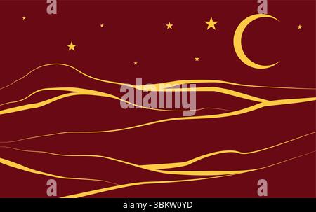 Abstract Line Art Mountain Style With Moon Star Background Stock Vector