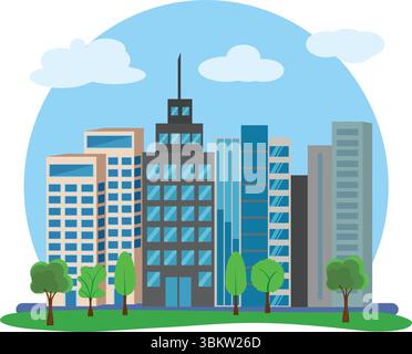 Modern city buildings design, flat cartoon elements Stock Vector