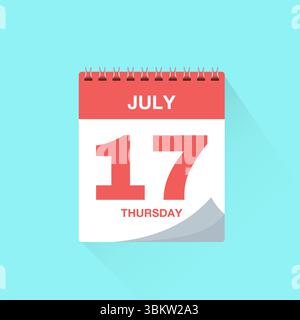 Day calendar with date July 17, calendar icon vector. Event calendar reminder, business schedule or appointment symbol, page calendar agenda planner Stock Vector