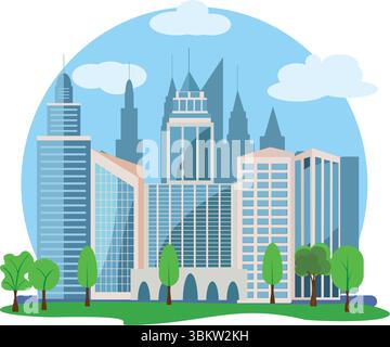 Modern city buildings design, flat cartoon elements Stock Vector