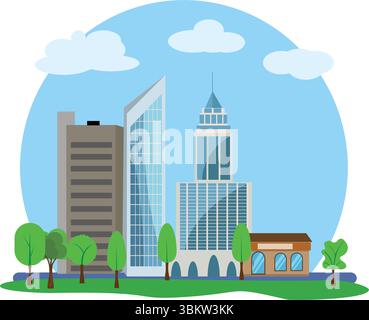 Modern city buildings design, flat cartoon elements Stock Vector