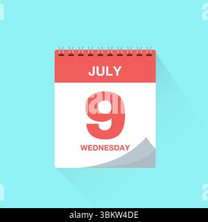 Day calendar with date July 9, calendar icon vector. Event calendar reminder, business schedule or appointment symbol, page calendar agenda planner Stock Vector