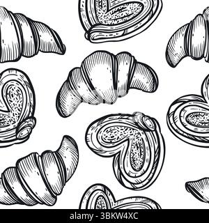 Seamless vector pattern. Pastries, buns, buns, croissants, cheesecakes, all objects are hand-drawn with ink. Suitable for printing on paper, product Stock Vector
