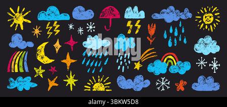 Crayon drawing weather elements. Pencil or chalk painting forecast elements. Clouds, rainbow, raindrops and snowflakes, sun, neoteric vector set Stock Vector
