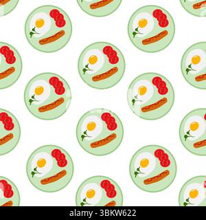 Fried Egg Tomatoes cilices and Grilled sausage on plate Seamless Pattern Breakfast Food Poster Fond. Isolated Vector illustration Food Themes Backdrop or promo banner, leaflets, tag, social media post Stock Vector