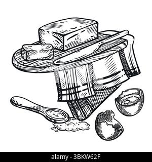 Butter on a stand, a kitchen knife, a measuring spoon and a cracked chicken egg, a towel. All objects are hand-drawn with ink. The illustration is Stock Vector