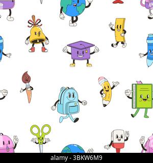 Stationery characters seamless pattern. Groovy retro style book brush scissors backpack. Trendy print for fabric wrapping wallpaper, vector background Stock Vector