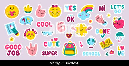 Kids diary stickers. Funny planners or personal journal badges. Cute daily list decoration elements, hands, sun, apple, stars, texts, neoteric vector Stock Vector