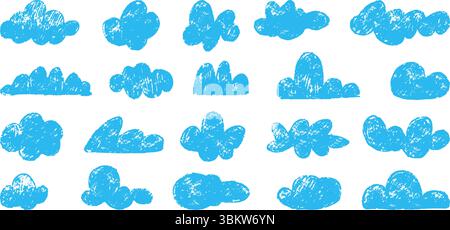 Pencil drawing clouds. Abstract blue cloud, crayon children style painting. Isolated cloudy sky icons, weather and nature symbols neoteric vector set Stock Vector