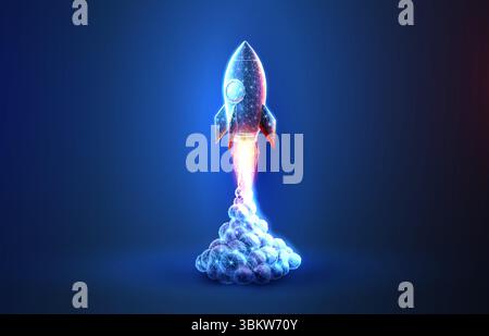 Digital rocket launch. Application startup, new project, fast tech, marketing solution Stock Vector