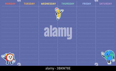 Timetable design. From monday to saturday columns to fill, schedule, notes. Cute groovy stickers planet globe, alarm clock and funny pencil, vector Stock Vector
