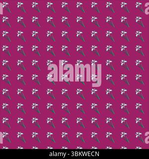 Repeating pattern of white and purple iris flowers on a vivid magenta background Stock Vector