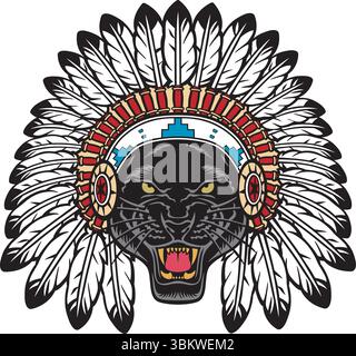 Panther Head with Native American Indian Chief Headdress. Vector Illustration. Stock Vector