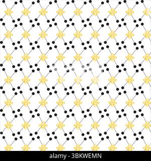 Elegant golden damask pattern with black dots forming geometric seamless decorative background Stock Vector