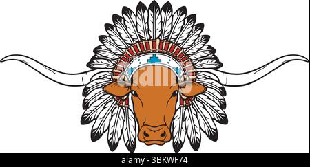 Longhorn Head with Native American Indian Chief Headdress. Vector Illustration. Stock Vector
