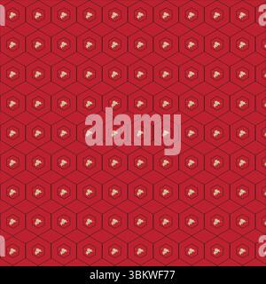 Repeating floral pattern with geometric hexagons in red and gold for designs Stock Vector