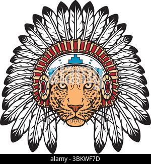 Leopard Head with Native American Indian Chief Headdress. Vector Illustration. Stock Vector