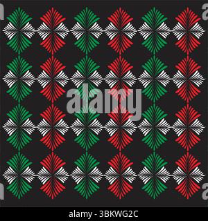 Elegant geometric pattern with red, green, and white stylized floral leaf motifs on a black background Stock Vector