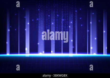 Digital background with glowing vertical lines, binary code and futuristic grid floor, ideal for technology and data themes, vector illustration Stock Vector