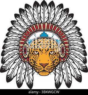 Jaguar Head with Native American Indian Chief Headdress. Vector Illustration. Stock Vector