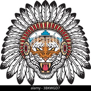 Tiger Head with Native American Indian Chief Headdress. Vector Illustration. Stock Vector