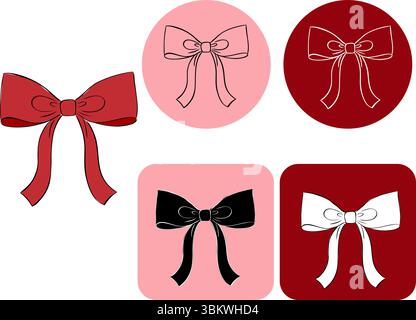 Red ribbon bow logotype. Vector graphic line ink illustration. knot as design element for holidays design, gift boxes, satin warping decor for fashion Stock Vector