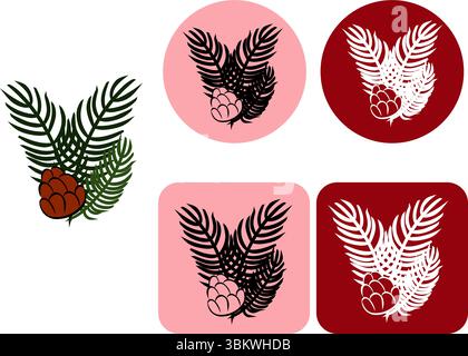 Pine tree branch with pine cone logotype. Vector graphic line ink illustration. Silhouette sign for logo, print, comics, fashion, pop art, boards, des Stock Vector