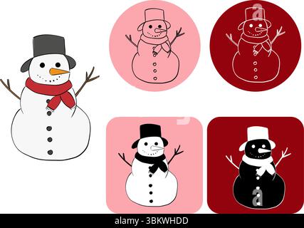 Snowman logotype. Vector graphic line ink illustration. Banner, poster, sticker, print, modern textile design. Coloring Sheet for Stress Relief and Re Stock Vector