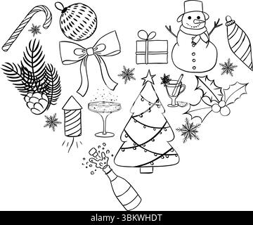 A heart shaped Christmas items black and white logotype. Vector graphic line ink illustration. Banner, poster, wrapping paper, sticker, print, modern Stock Vector