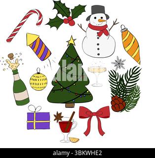 Winter christmas items colored Round composition logotype. Vector graphic line ink illustration. Banner, poster, wrapping paper, sticker, print, moder Stock Vector