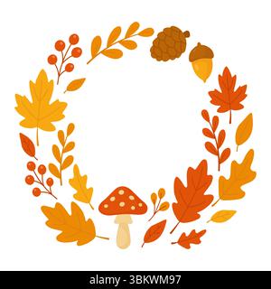 Round autumn frame made of colorful leaves mushrooms acorns and forest plants in warm seasonal tones Stock Vector