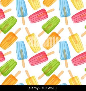 Colorful seamless pattern of assorted popsicle in red, blue, green, yellow and orange color on white background. Perfect for summer theme, food Stock Vector