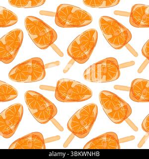 Seamless pattern of orange fruit slice popsicle in cartoon style. Perfect for summer menu cafe and sweet treat design. Stock Vector